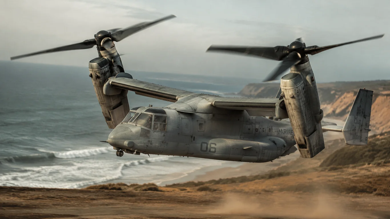 Bell Boeing V-22 Osprey w locie z gondolami wirników obróconymi w pozycję samolotową, widok z boku nad linią horyzontu.