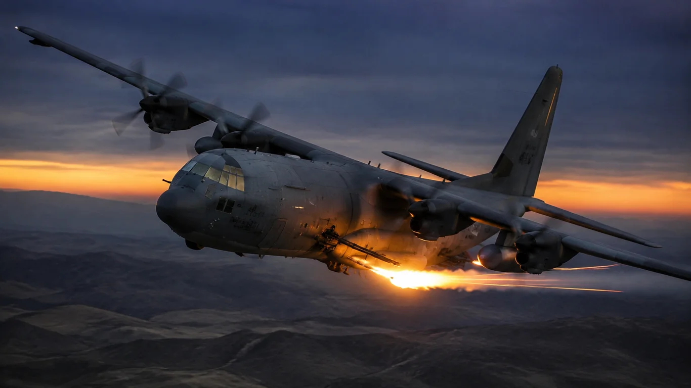 AC-130 gunship w wirażu o zmierzchu, boczne działa na lewej burcie z błyskiem wylotowym nad górzystym terenem.