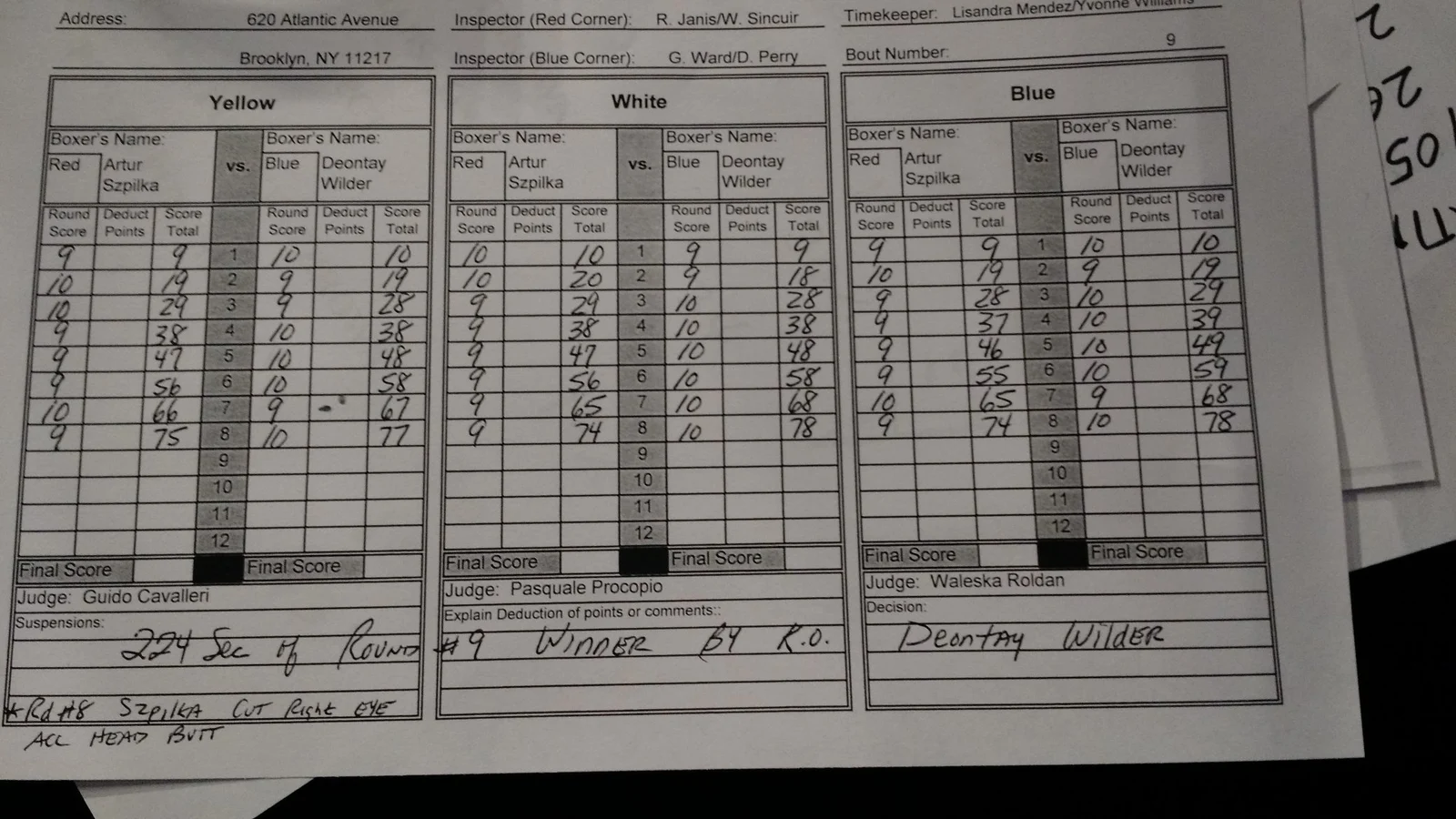 Karty punktowe sędziów z walki Deontay Wilder – Artur Szpilka z 16 stycznia 2016 roku, wszystkie na korzyść Wildera.