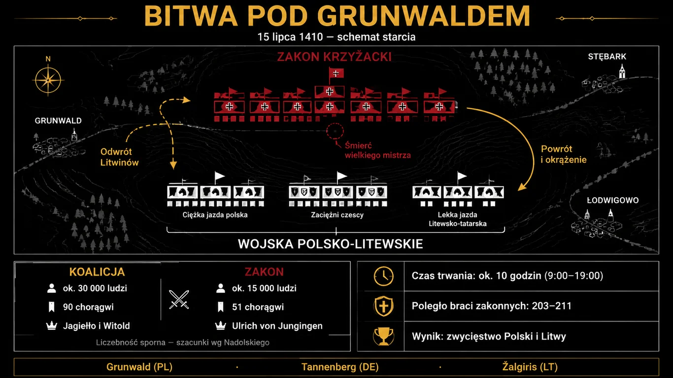 Infografika: schemat bitwy pod Grunwaldem 15 lipca 1410 – ustawienie wojsk polsko-litewskich i krzyżackich, siły stron, przebieg starcia i skutki.