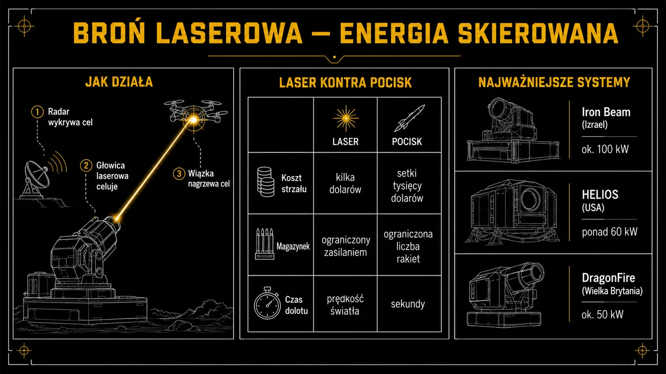 Infografika: broń laserowa i energia skierowana – schemat działania lasera przeciw dronowi, porównanie kosztu i magazynka lasera z pociskiem oraz najważniejsze systemy Iron Beam, HELIOS i DragonFire