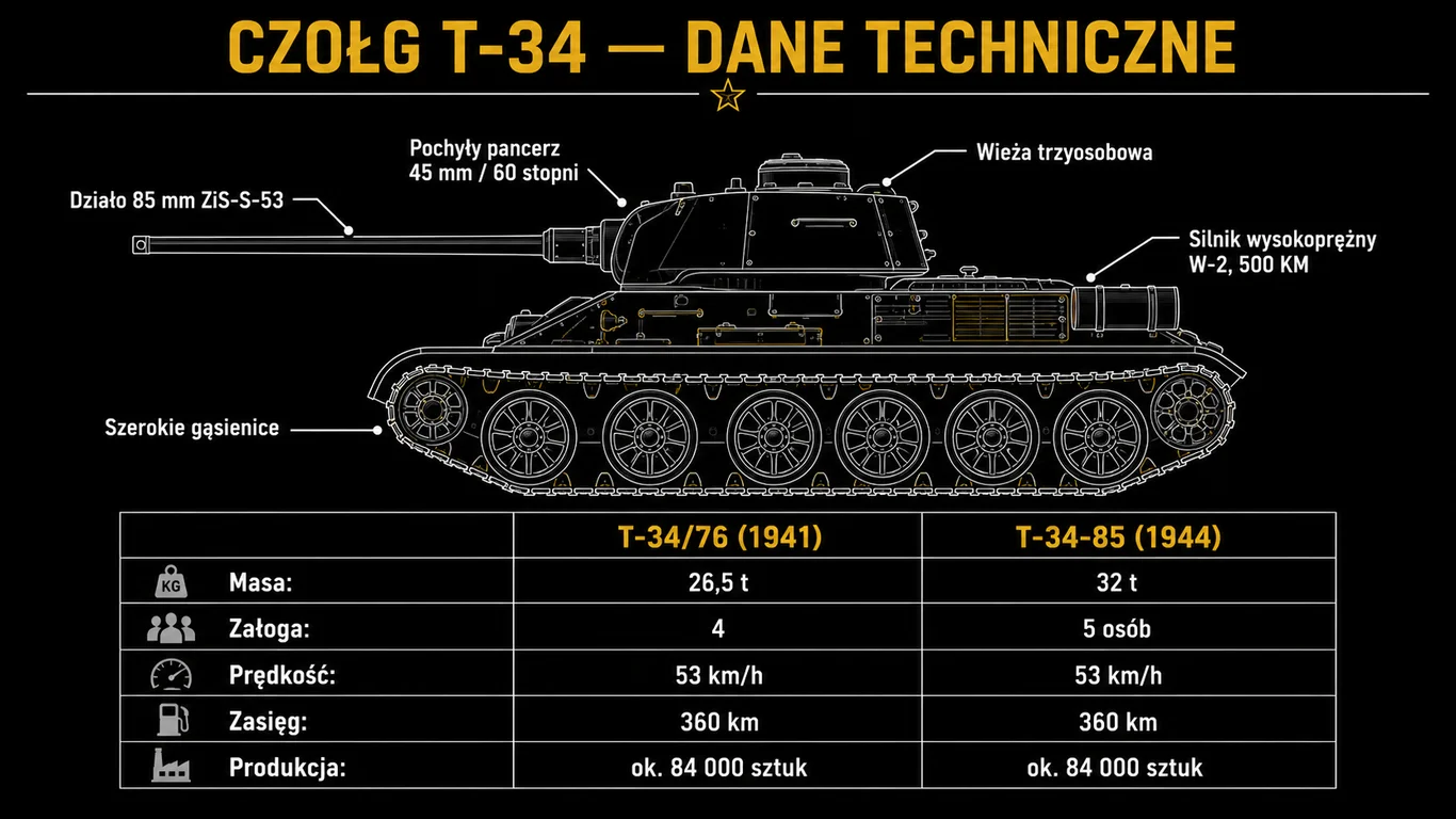 Infografika: dane techniczne czołgu T-34 – porównanie wariantów T-34/76 i T-34-85, pancerz, działo, silnik.
