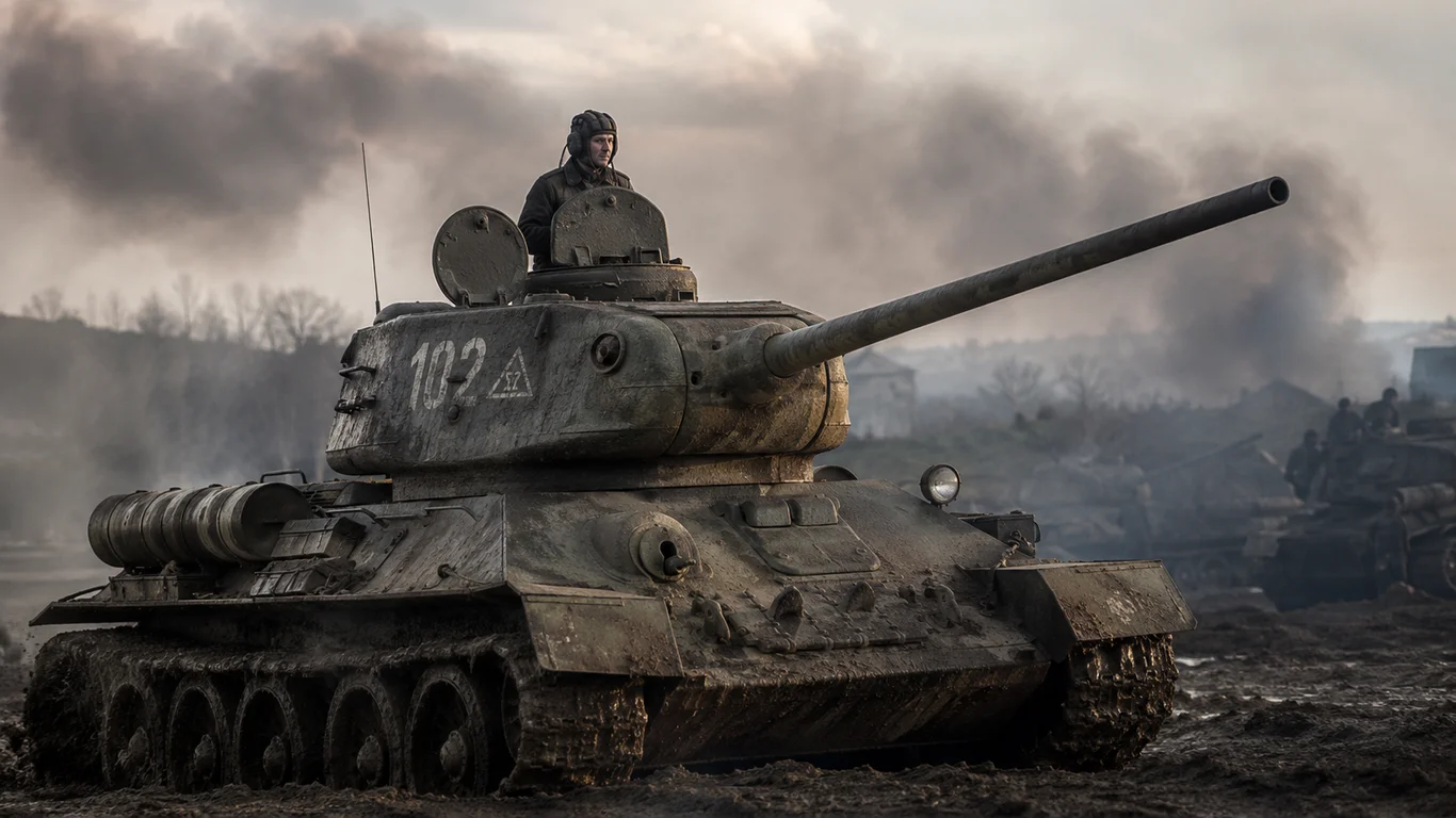 Radziecki czołg średni T-34-85 z pochylonym pancerzem i działem 85 mm w barwach Armii Czerwonej podczas II wojny światowej.
