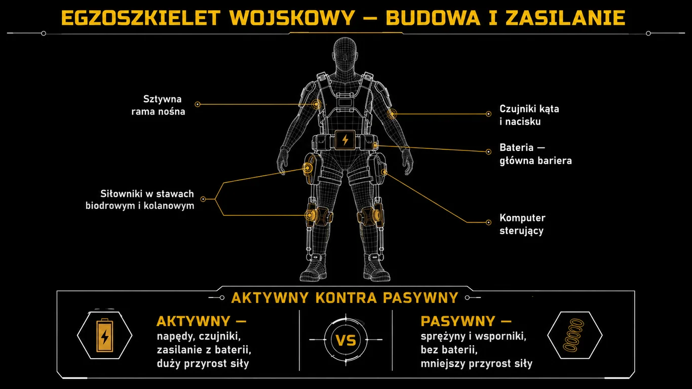 Infografika: schemat komponentów egzoszkieletu wojskowego oraz porównanie wersji aktywnej z pasywną.