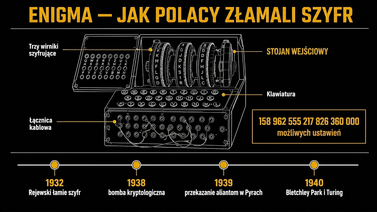 Infografika: schemat maszyny Enigma z wirnikami i łącznicą oraz oś czasu złamania szyfru przez polskich kryptologów.