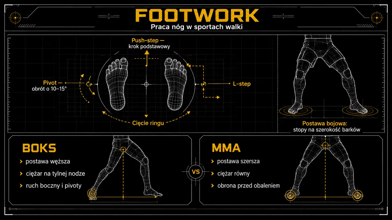 Infografika: footwork w sportach walki – krok odstawno-dostawny, pivot, L-step, skracanie ringu oraz różnice pracy nóg w boksie i MMA.