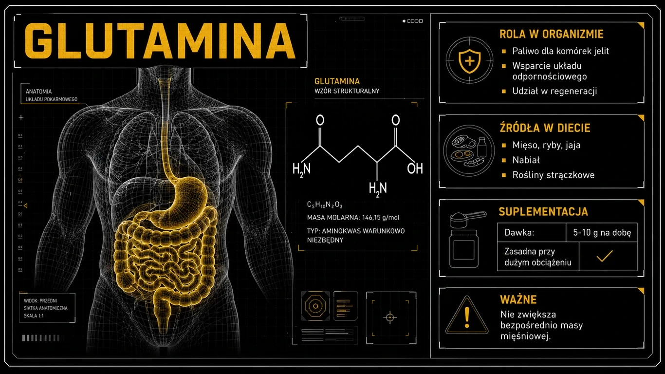 Infografika: rola glutaminy, źródła w diecie i suplementacja.