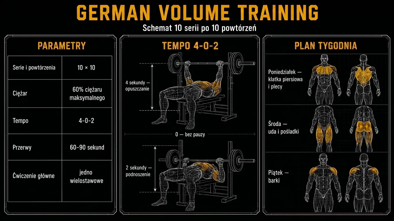 Infografika: German Volume Training – parametry schematu 10x10, rozbicie tempa ruchu na fazy oraz tygodniowy podział partii mięśniowych.