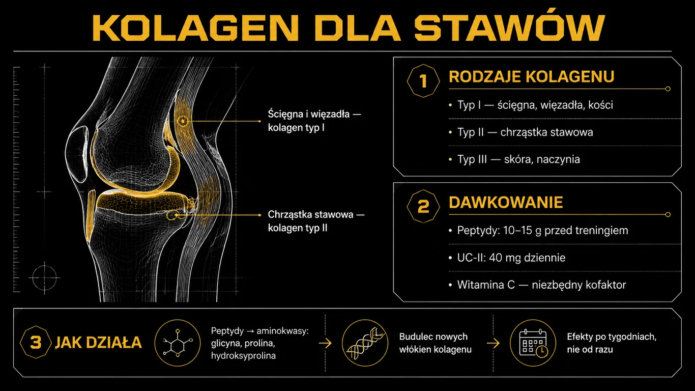 Infografika kolagen dla stawów – anatomiczny przekrój kolana z zaznaczonymi ścięgnami (kolagen typ I) i chrząstką (typ II), panele z rodzajami kolagenu, dawkowaniem peptydów i UC-II oraz mechanizmem działania