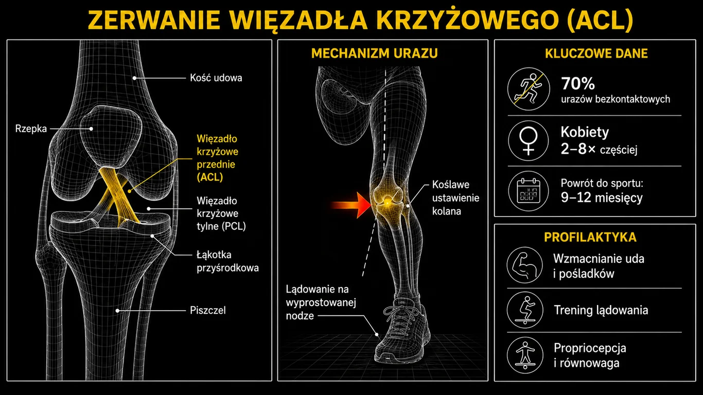 Infografika: zerwanie więzadła krzyżowego przedniego (ACL) – anatomia stawu kolanowego z zaznaczonym więzadłem krzyżowym przednim, tylnym i łąkotką, mechanizm urazu z koślawym ustawieniem kolana oraz kluczowe dane i zasady profilaktyki