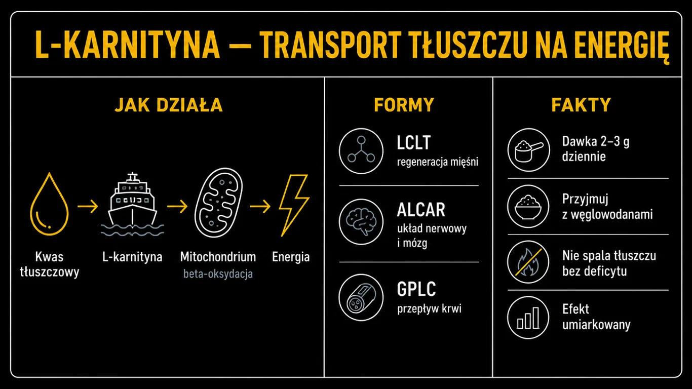Infografika: L-karnityna i transport tłuszczu na energię – schemat działania od kwasu tłuszczowego przez karnitynę do mitochondrium, formy suplementu (LCLT, ALCAR, GPLC) oraz fakty o dawkowaniu