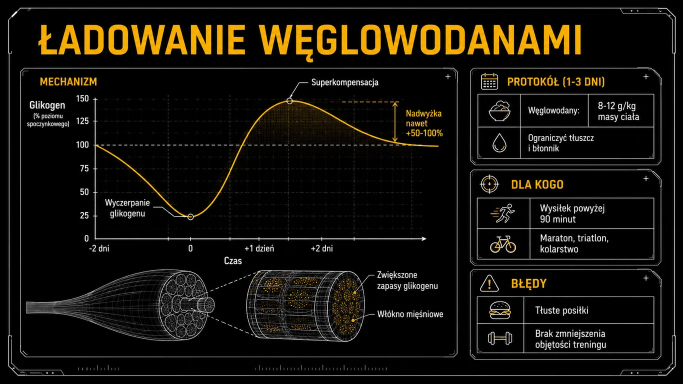 Infografika: superkompensacja glikogenu, protokół i błędy.