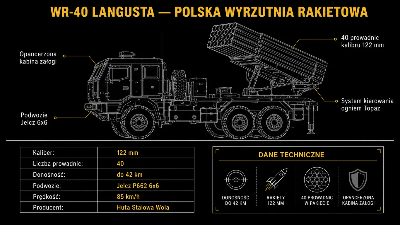 Infografika: diagram boczny i dane techniczne polskiej wyrzutni rakietowej WR-40 Langusta na podwoziu Jelcz.