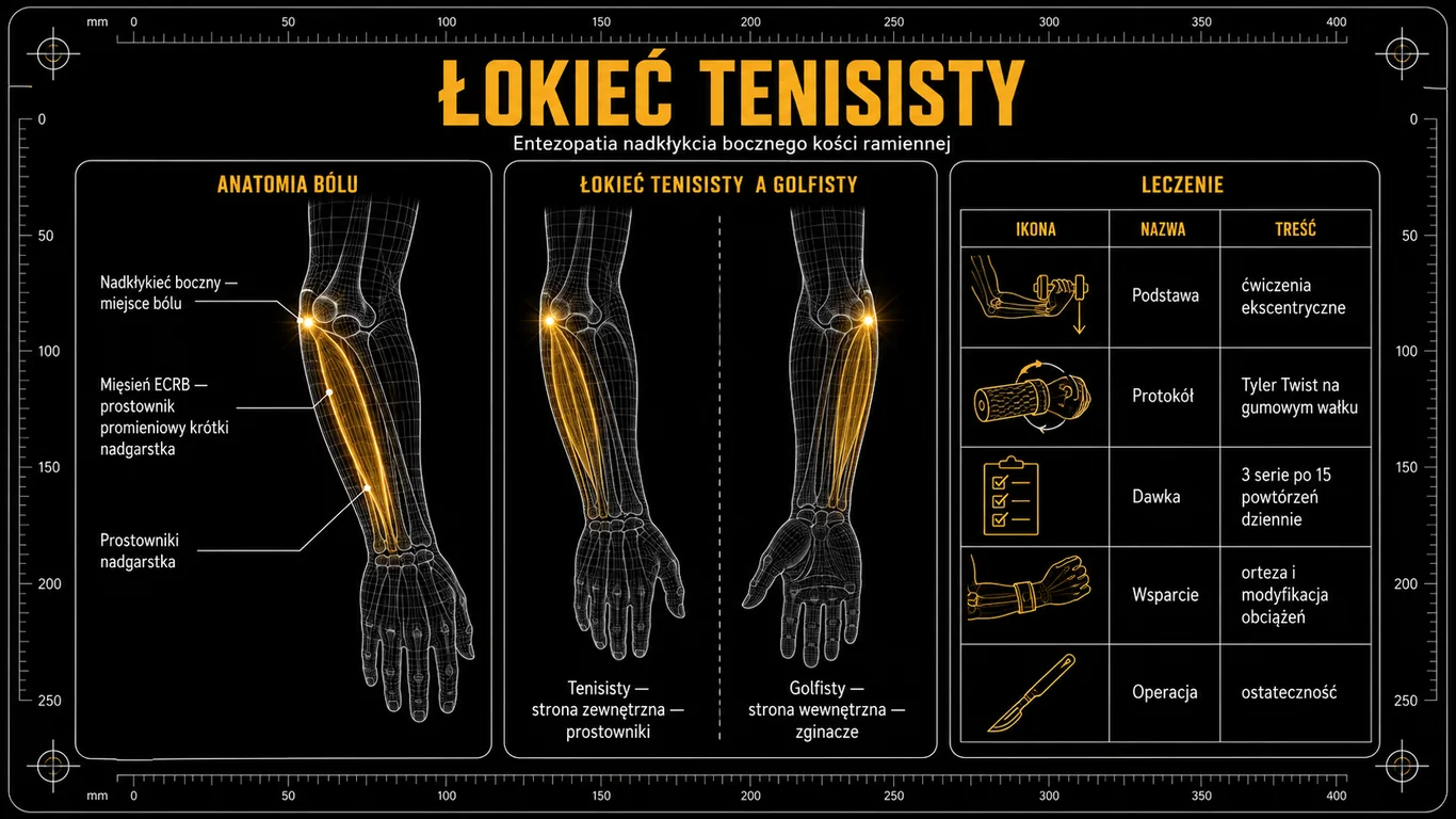 Infografika: łokieć tenisisty – anatomia miejsca bólu przy nadkłykciu bocznym, różnica względem łokcia golfisty oraz podstawy leczenia.