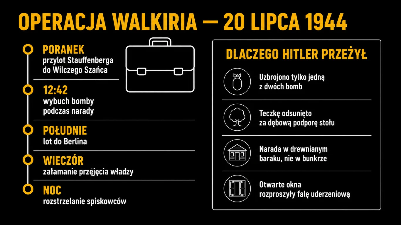 Infografika: oś czasu operacji Walkiria z 20 lipca 1944 roku oraz lista przyczyn, dla których Hitler przeżył zamach.