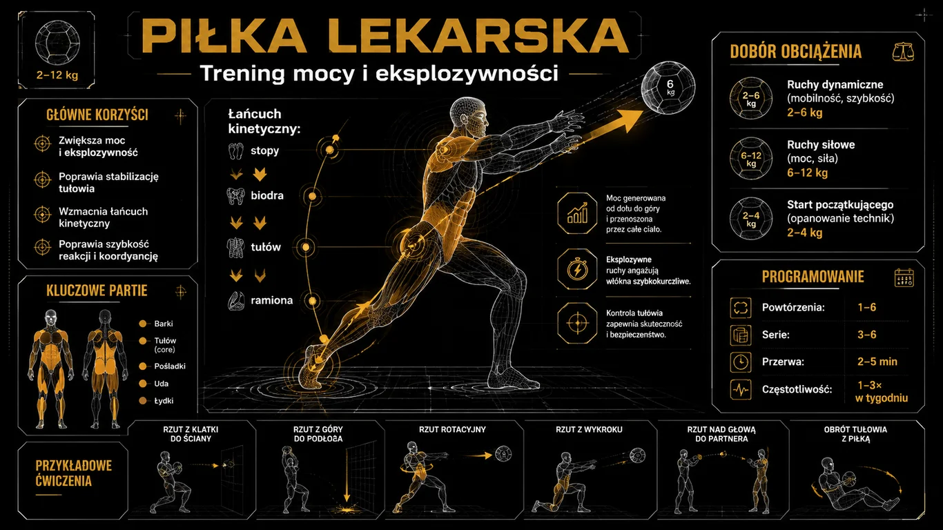 Infografika: trening mocy z piłką lekarską – łańcuch kinetyczny, zaangażowane partie mięśni, dobór obciążenia, zasady programowania i przykładowe ćwiczenia.