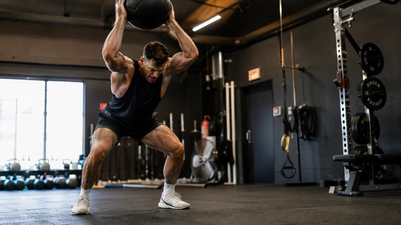 Sportowiec wykonuje dynamiczny rzut piłką lekarską o podłoże podczas treningu mocy na siłowni