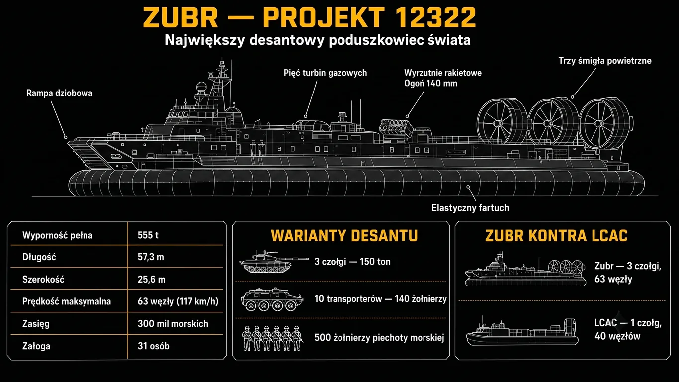 Infografika: poduszkowiec Zubr projektu 12322 – przekrój boczny z opisem komponentów, dane techniczne, warianty desantu i porównanie z LCAC.