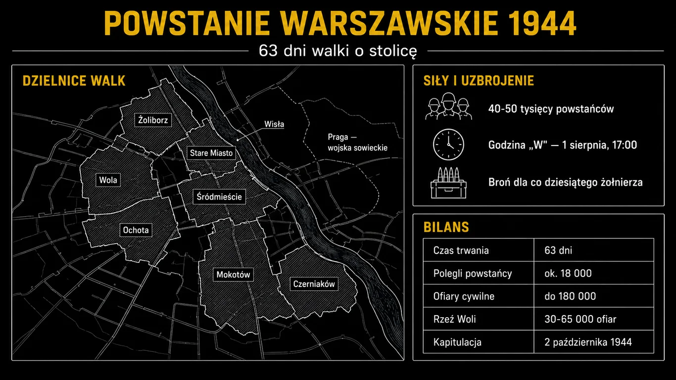 Infografika: Powstanie Warszawskie 1944 – mapa dzielnic objętych walkami, siły powstańcze i bilans 63 dni zrywu.