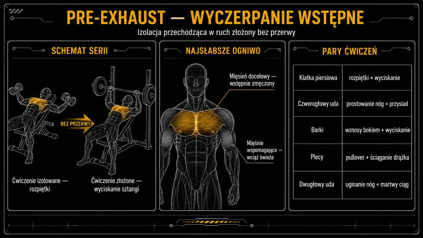 Infografika: pre-exhaust – schemat serii z izolacji do ćwiczenia złożonego bez przerwy, zasada najsłabszego ogniwa i pary ćwiczeń dla głównych partii.