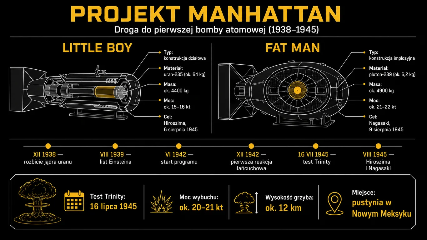 Infografika: Projekt Manhattan – porównanie bomb Little Boy i Fat Man oraz oś czasu od 1938 do 1945 z testem Trinity.