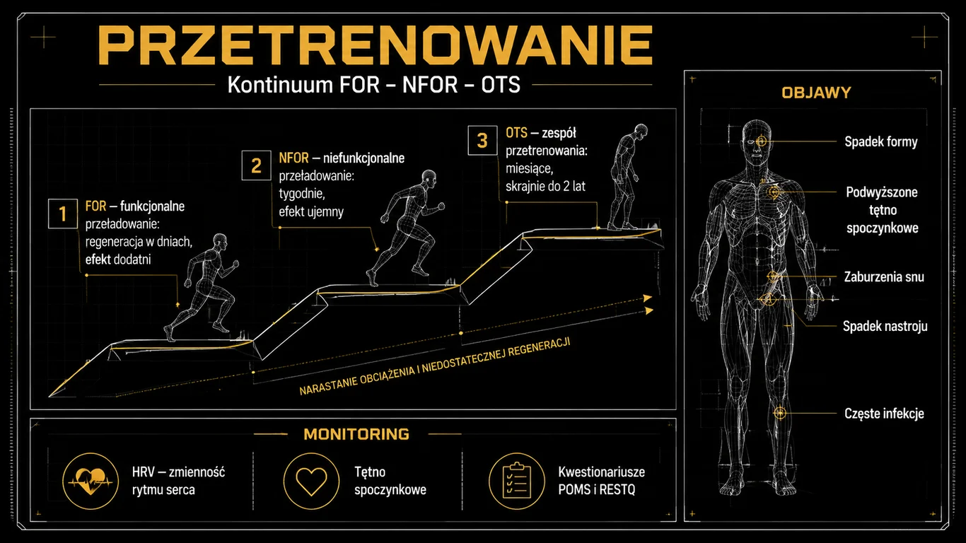 Infografika: kontinuum przetrenowania FOR-NFOR-OTS, objawy fizyczne i psychiczne oraz narzędzia monitoringu HRV, tętno spoczynkowe i kwestionariusze.