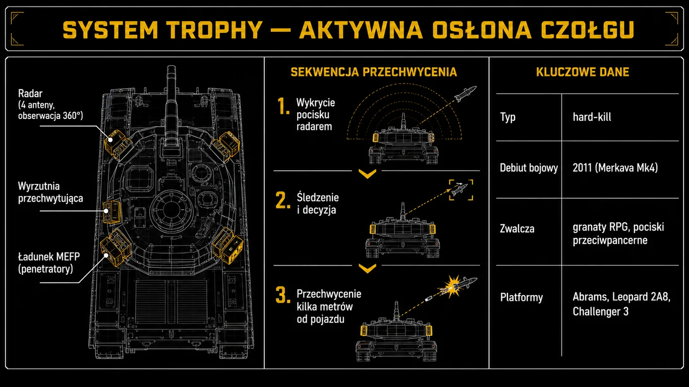 Infografika: system Trophy, aktywna osłona czołgu – schemat wieży z radarem i wyrzutniami MEFP, trzystopniowa sekwencja przechwycenia pocisku oraz kluczowe dane systemu i lista platform