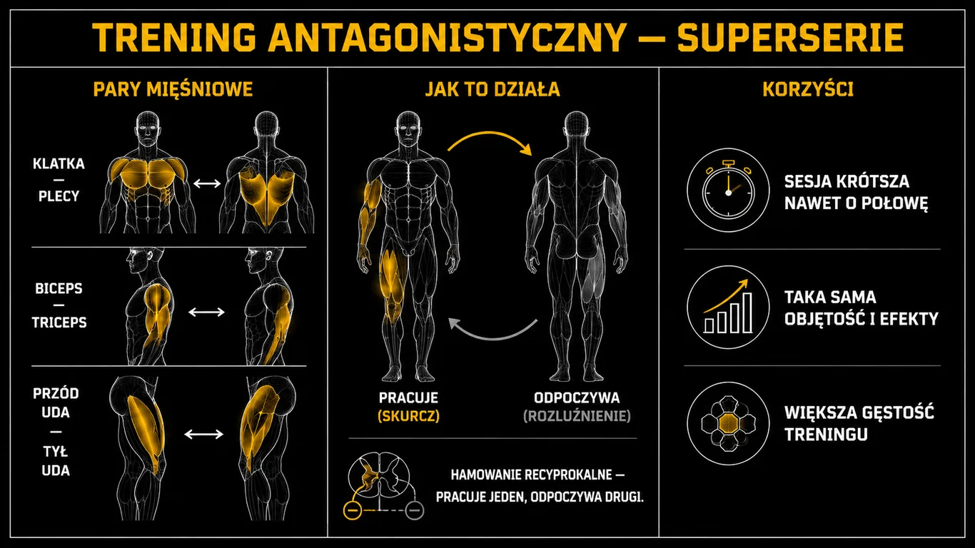 Infografika: trening antagonistyczny i superserie – pary mięśniowe (klatka-plecy, biceps-triceps, przód i tył uda), mechanizm hamowania recyprokalnego oraz korzyści z metody