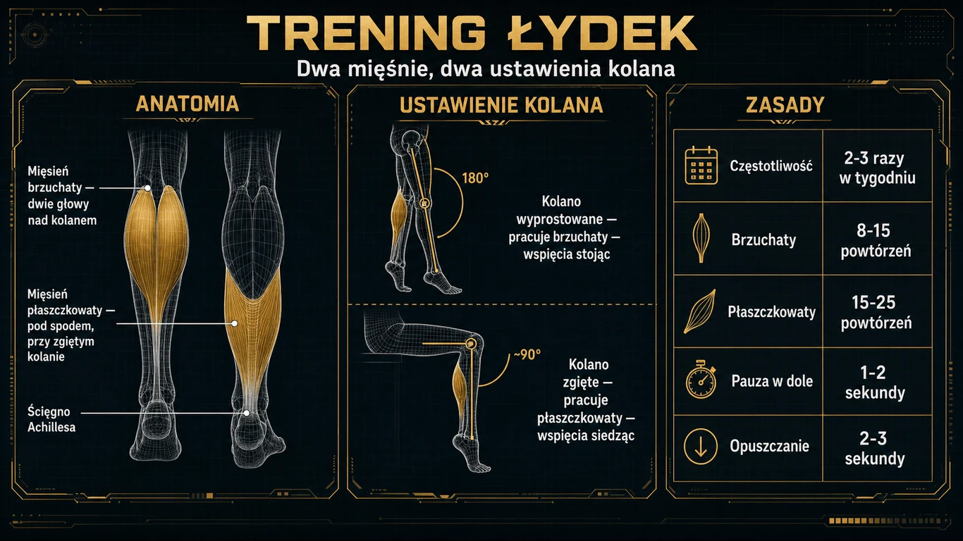 Infografika: trening łydek – anatomia mięśnia brzuchatego i płaszczkowatego, wpływ ustawienia kolana na pracę mięśni oraz zasady doboru serii.
