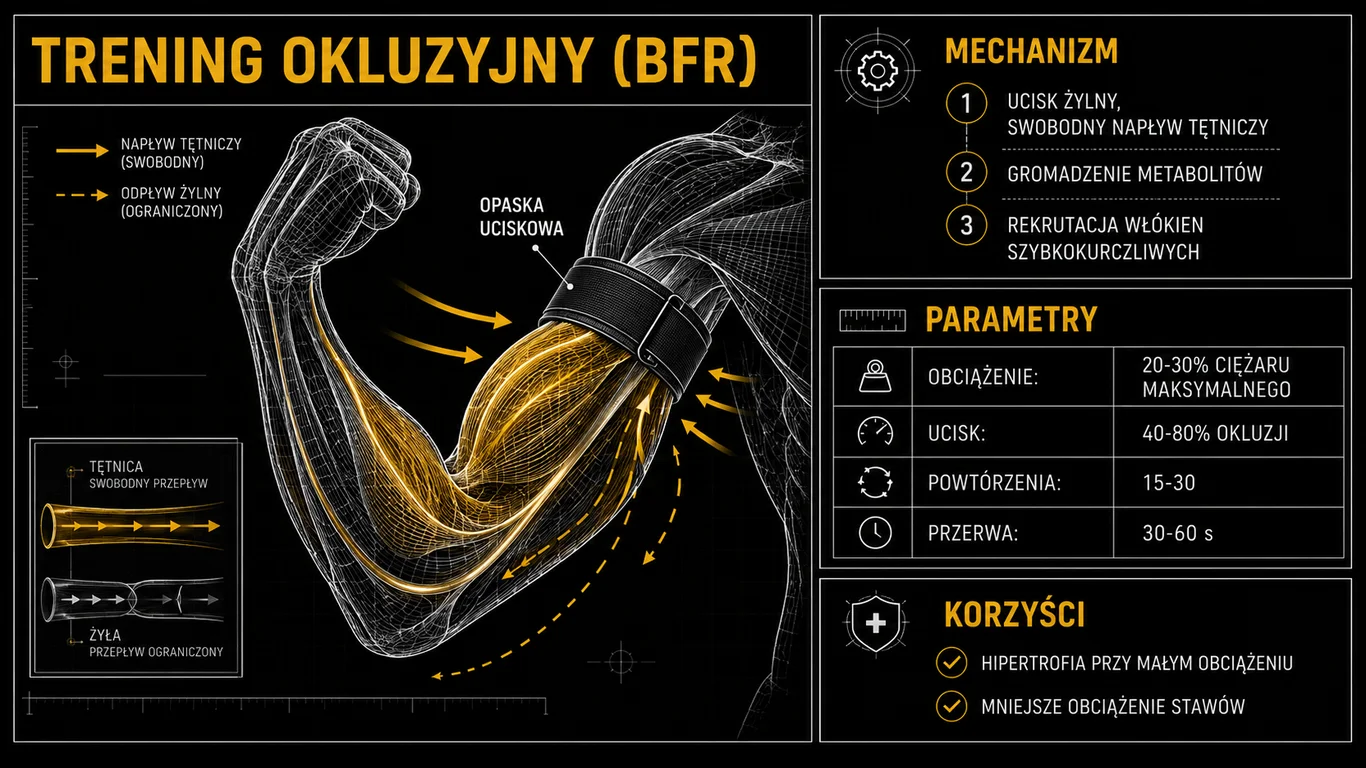 Infografika: mechanizm i parametry treningu okluzyjnego BFR.
