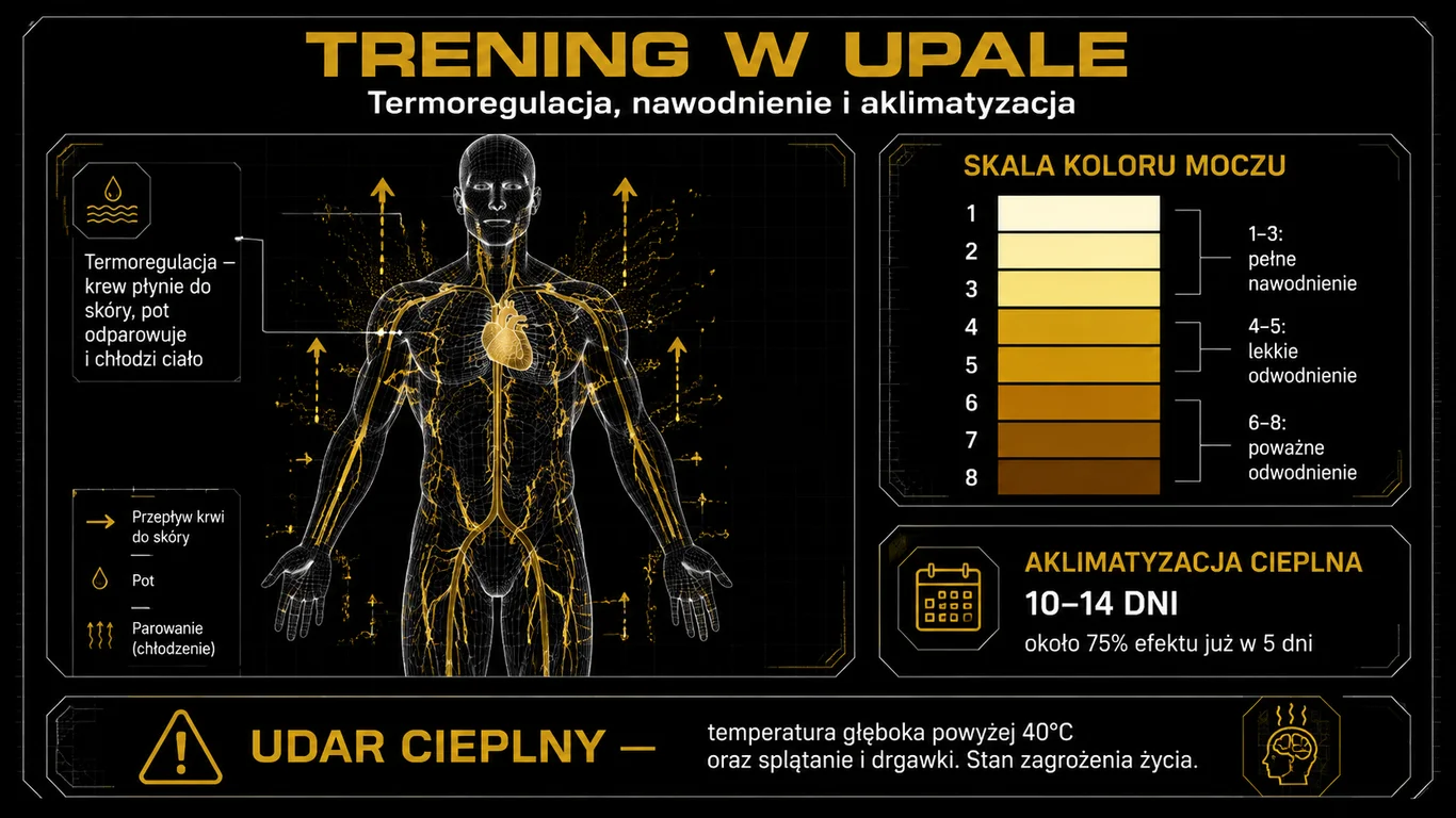 Infografika: termoregulacja podczas wysiłku w upale, skala koloru moczu, harmonogram aklimatyzacji i objawy udaru cieplnego.