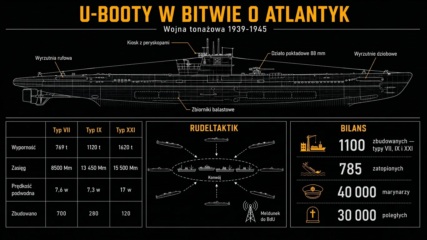 Infografika: U-Booty w bitwie o Atlantyk – przekrój okrętu typu VII, porównanie typów VII, IX i XXI, schemat taktyki wilczych stad oraz bilans strat.