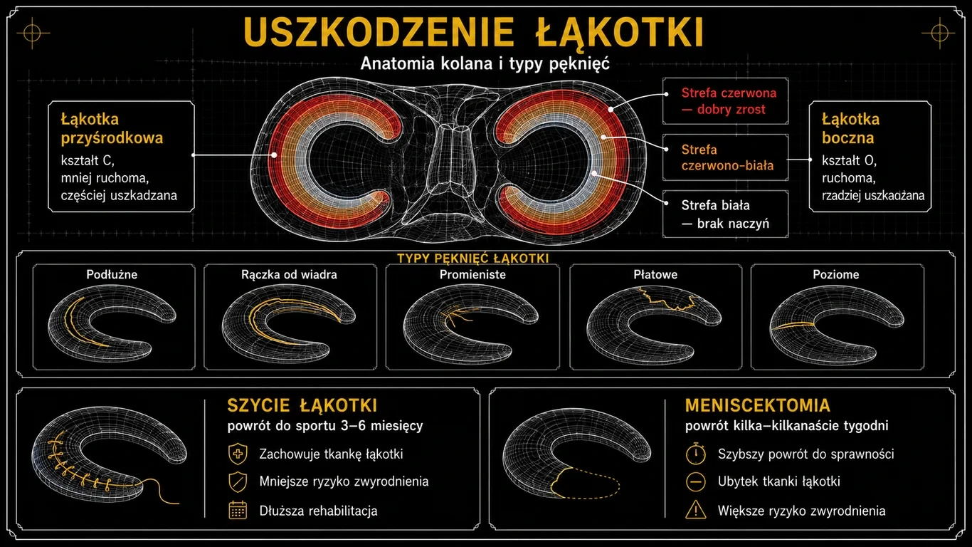 Infografika: anatomia łąkotki przyśrodkowej i bocznej, strefy ukrwienia, typy pęknięć oraz porównanie szycia i meniscektomii.