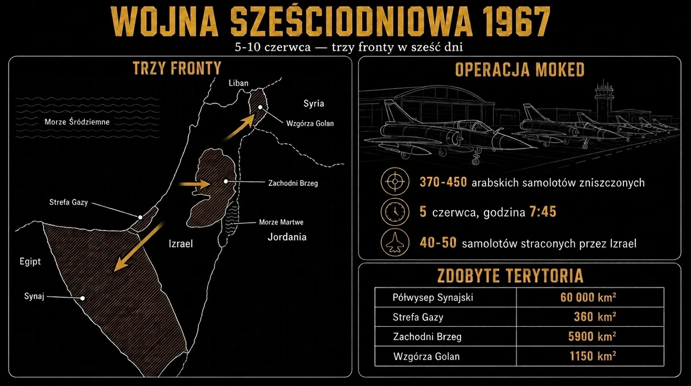 Infografika: wojna sześciodniowa 1967 – mapa trzech frontów, bilans operacji Moked i powierzchnia zdobytych terytoriów.