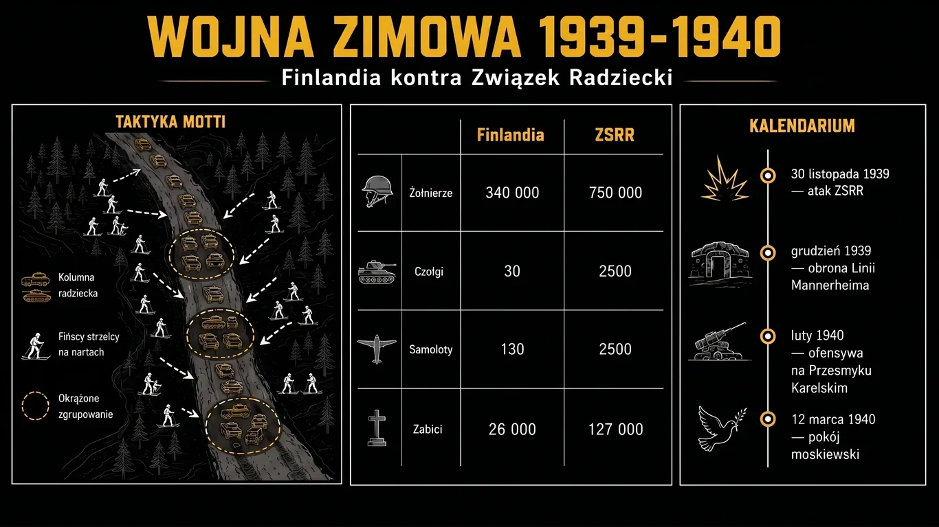 Infografika: wojna zimowa 1939–1940 – schemat taktyki motti, porównanie sił Finlandii i ZSRR oraz kalendarium kampanii.