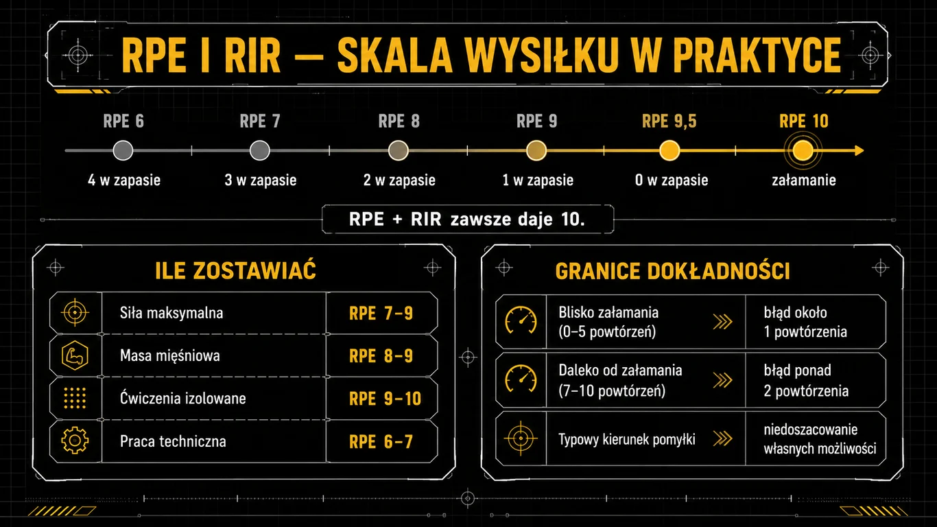 Infografika: oś skali RPE od 6 do 10 z odpowiadającą liczbą powtórzeń w zapasie, zalecenia dla siły i masy oraz granice dokładności szacowania.