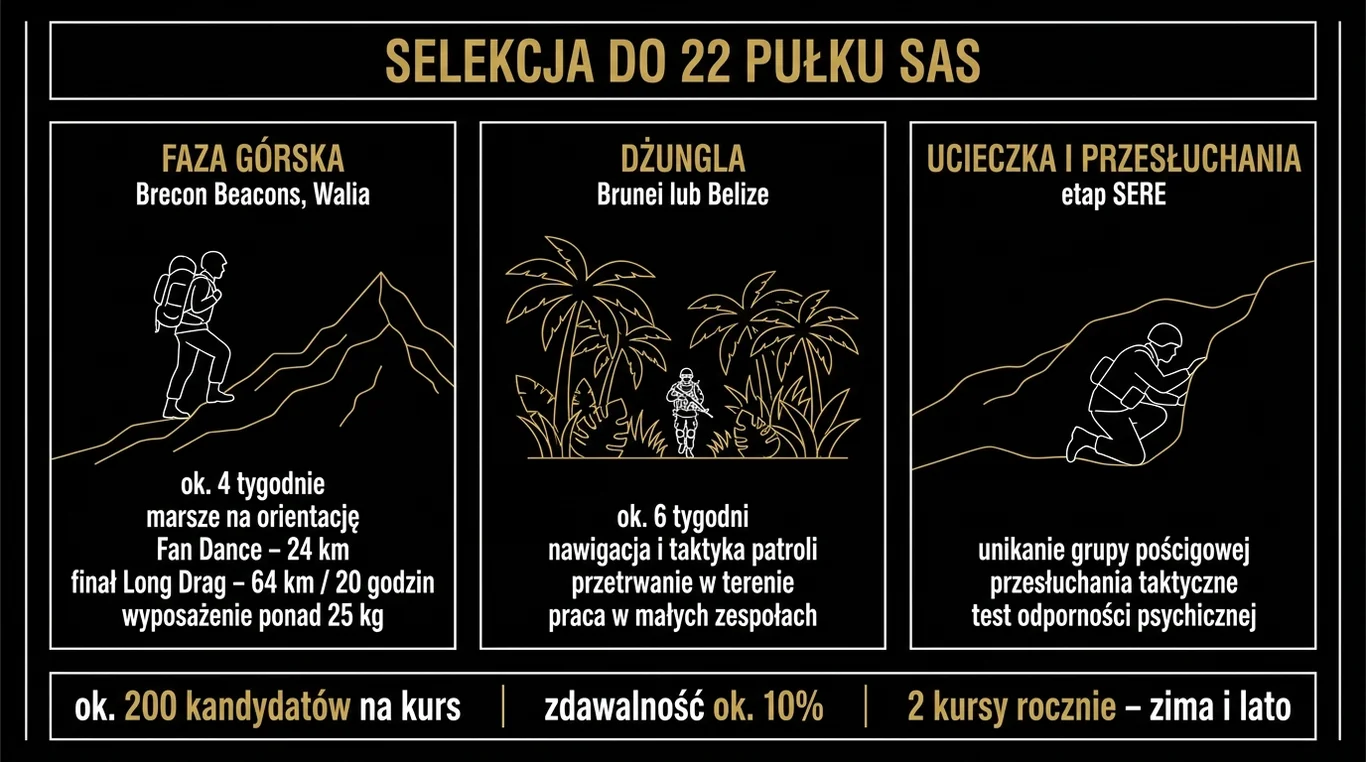 Infografika: trzy etapy selekcji do 22 pułku SAS – faza górska z marszem Long Drag, sześć tygodni dżungli i przesłuchania SERE, zdawalność około 10 procent